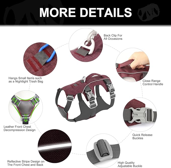 Escape Proof Dog Harness Medium Sized Dog, Reflective No Pull Dog Vest with Handle, Lightweight Full Body Pet Harness Adjustable for Walking,Training(Maroon,Chest:17-32")