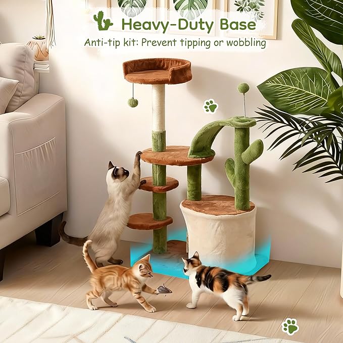 Cactus Cat Tree for Indoor Cats, Multi-Level Cat Tower with Sisal Scratching Posts, Stable Cat Condo with Perches and Climbing Steps, 36.6", Brown