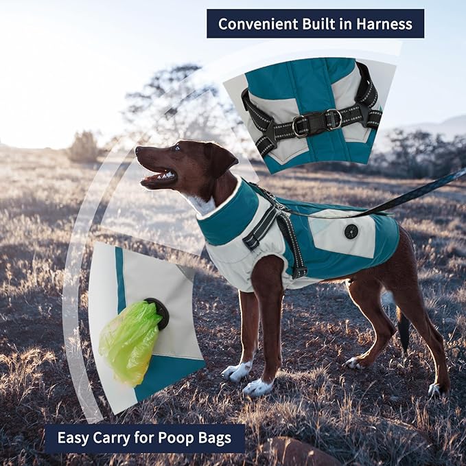 IECOii Dog Winter Coat with Harness Built in, Waterproof Windproof Dog Coats for Large Dogs, Thermal Fleece Cold Weather Jackets with Zip, Outdoor Warm Snow Jacket Reflective, Turquoise Green, XL