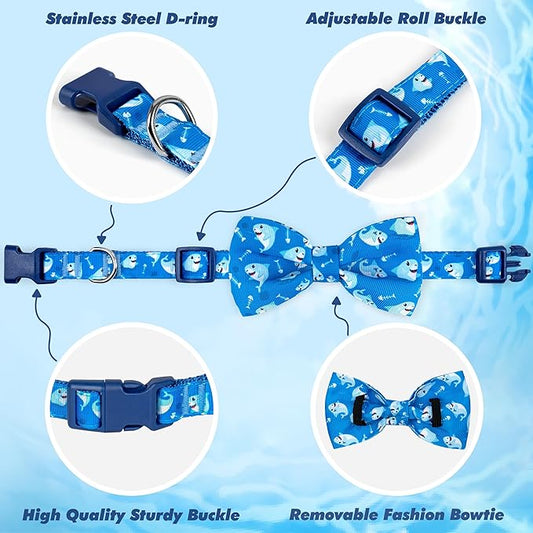 azuza Dog Collar with Bow Tie, Soft and Comfortable Adjustable Bowtie Dog Collar for Large Dogs (L, Shark)