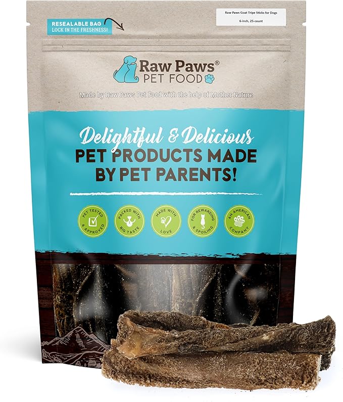 Raw Paws Green Goat Tripe Sticks for Dogs (25-Count) - Single Ingredient, Grass-Fed & Free Range - Crunchy Goat Dog Treats - Green Tripe for Dogs