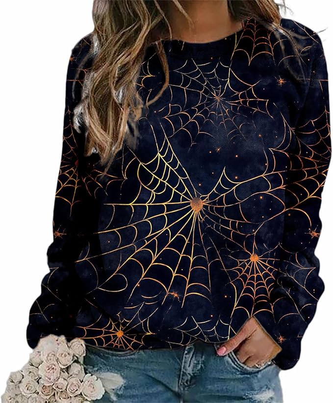 MARSVOVO Fall Sweatshirt for Women Novelty Spider Web Shirt Dressy Casual Crewneck Tunic Tops Spring Graphic Pullover