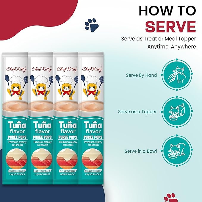 Chef Kitty Purée Pops, Cat Treats, Grain-Free, Lickable, Squeezable Creamy Cat Treat/Topper with Vitamin E & Taurine, 0.5 Ounces Each Tube, 10 Tubes, Tuna Flavor