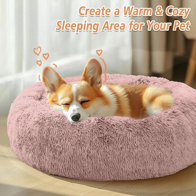 JOLLYVOGUE Small Dog & Cat Beds for Indoor Cats, Donut Cuddler Warming Soft Dog Beds with Anti-Slip Bottom, Round Calming Fluffy Plush Faux Fur Cushion Bed for Large Dogs (36", Dark Pink)