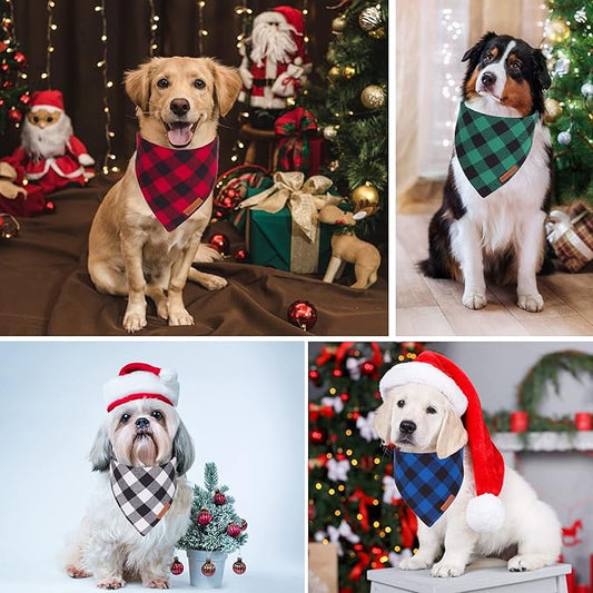 ADOGGYGO 4 Pack Dog Bandana Christmas Classic Plaid Bandana Scarf, Multiple Sizes Offered, Blue White Green Red Plaid Bandana for Large and X-Large Dogs (X-Large)