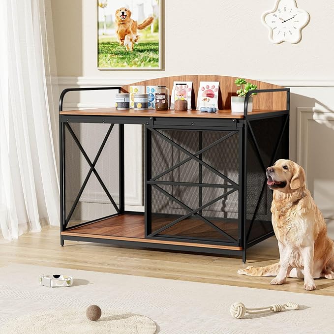 Large Furniture Dog Crate, Dog Kennel Indoor, Wood Dog Cage Table, Heavy Duty Dog Crate, Sturdy Metal,Brown