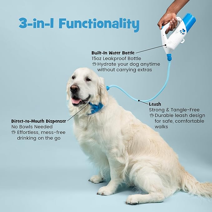 Dog Leash with Built-in Water Dispensing System, Durable Braided Cable, Hands-Free Hydration for Small to Large Dogs, Travel & Outdoor Ready (Small)