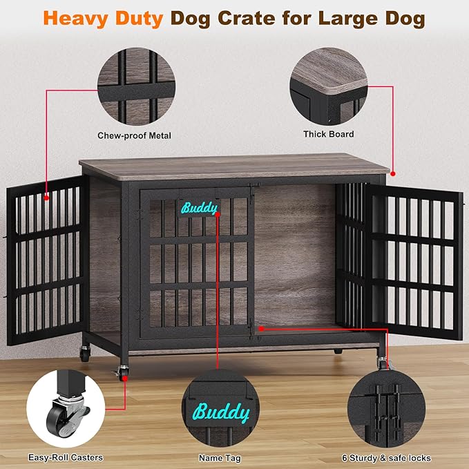 EasyCom 48"/42"/33" XXL Dog Crate Furniture with Casters, Heavy Duty Dog Kennel Indoor for Large Dogs, Escape-Proof and Chew-Proof Dog Cage for high Anxiety Dog, Decorate House as TV Stand, End Table