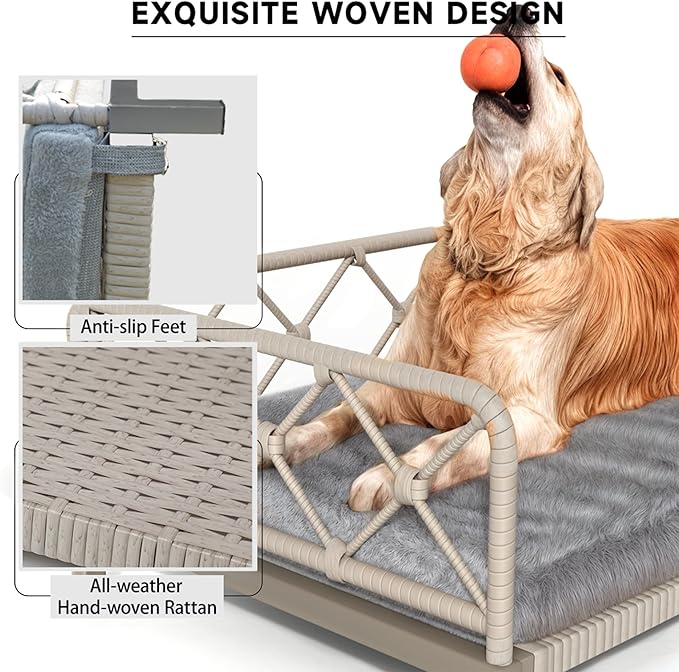 Dog Bed with Cushion, Cooling Elevated Raised Beds with Rattan Breathable Mesh and Universal Mat, Indoor & Outdoor Pet Cots for Large Dog, Grey