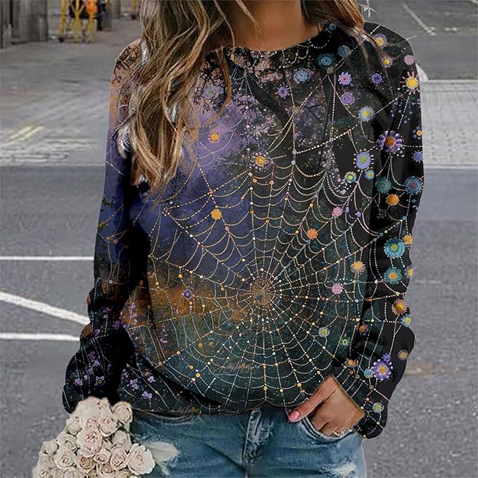 MARSVOVO Fall Sweatshirt for Women Novelty Spider Web Shirt Dressy Casual Crewneck Tunic Tops Spring Graphic Pullover