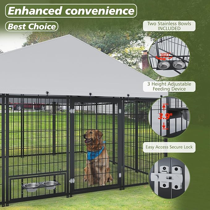 Dog Crate Dog Kennel Outdoor W/Roof,Large Dog Cage W/Adjustable Height Rotating Feeder & 2 Stainless Steel Bowls,Dog Pens Outside W/Double Door Lock,for Yard,Black(9.62x9.35x6.18 FT)
