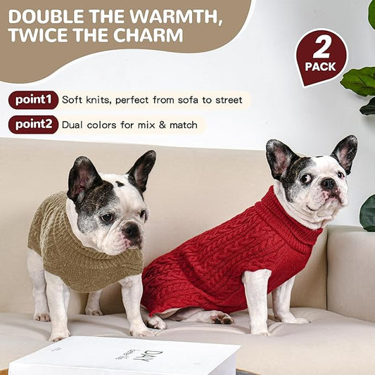 2 Pack Dog Sweaters for Medium Dogs Winter Turtleneck Pullover Cable Knit Fleece Stretch Frenchie Dachshund Pug Corgi Beagle Boy Girl Pet Clothes (M, Red & Brown)