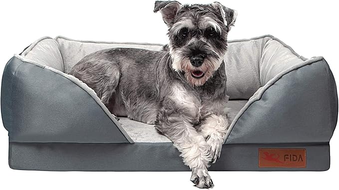 Fida Orthopedic Dog Bed with Memory Foam Base - Dog Lounge Sofa with Removable Washable Cover, Pets Couch Beds for Small Dogs & Cats (Medium, Grey)