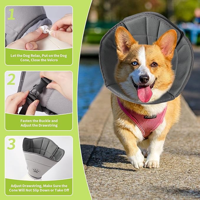 Soft Dog Cone for Small Medium Large Pets After Surgery, Comfy Cone for Dogs, Cones for Dogs to Stop Licking, Pet Elizabethan Collar Alternative to Prevent Licking Wounds (Grey, L)