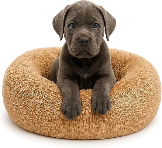 Calming Dog Bed - Fluffy Donut Cuddler for Anxiety Relief, Orthopedic Pet Bed with Non-Slip Bottom, Cozy Round Faux Fur Nest for Dogs and Cats, Plush Crate Mat for Comfort (Camel, Medium)