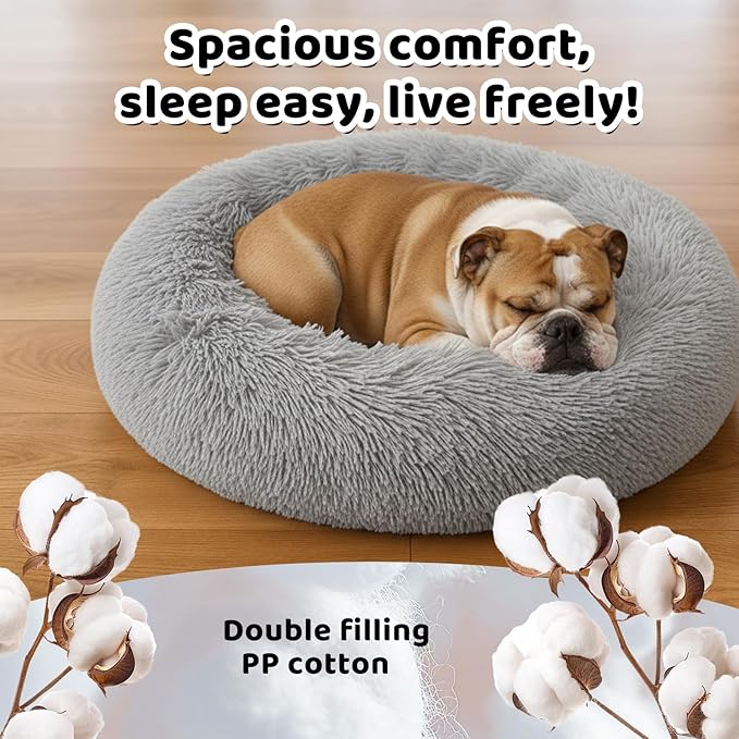 Medium Dog Donut Pet Bed, Round Soft Cat Cuddler for Calming, Anti-Anxiety Cozy Sofa, Fluffy Faux Fur Plush Cushion-31''-Grey