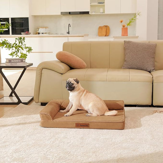 Orthopedic Memory Foam Dog Bed, Removable Washable Microsuede Cover, TPU Waterproof Liner, Nonskid Bottom, for Indoor, Outdoor, Crate ＆ Car Use, 35x23x6 Inches, Khaki