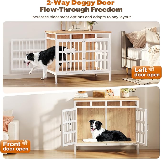 39 Inch Dog Crate Furniture, Heavy Duty Dog Kennel for Small Medium Large Dogs, Double Doors Indoor Decor Pet House Cage, Anti Escape Wooden Dog Cage with Name Tag End Table, TV Stand, Beige