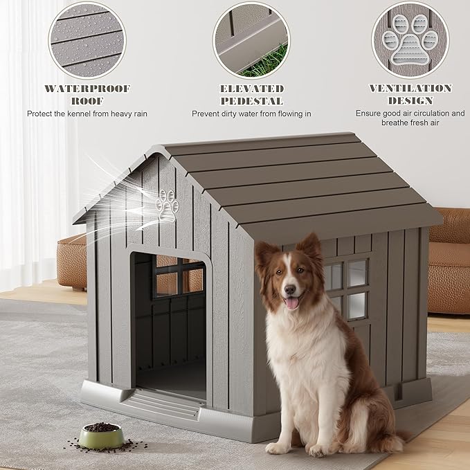 Fancyango Dog House Outdoor Indoor - Waterproof, Ventilated, Easy to Clean, Elevated Floor for Small-Large Dogs, Easy to Assemble (Grey, 37.2" L x 40" W x 40" H)