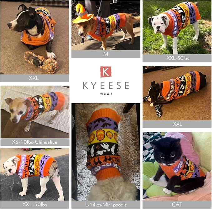 KYEESE Halloween Dog Sweater for Small Dogs Pumpkin and Ghost Patterned Knit Apparel with Turtleneck and Leash Hole Sweater Warm and Cozy Fall Costume Stretchable Winter Dog Apparel, Large