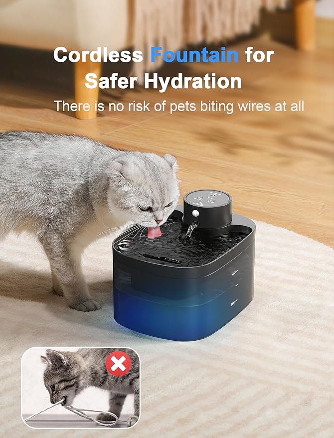 Battery Operated Cat Water Fountain, 84OZ/2.5L Wireless Pet Water Fountain for Cats Indoor, Cat Fountain with Motion Sensor, Ultra Quiet Pump, Black (Black)