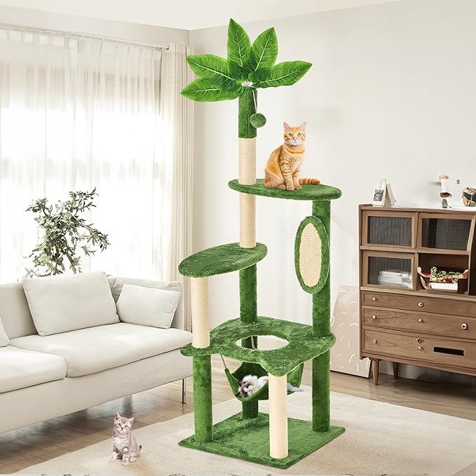 61 Inches Cat Tree Tower with Hammock, Tall Cat Tree with Scratching Post, Green Cat Shaped Design Tree for Indoor Large Cat, Large Cat Furniture with Pompoms for Living Room, Bed Room