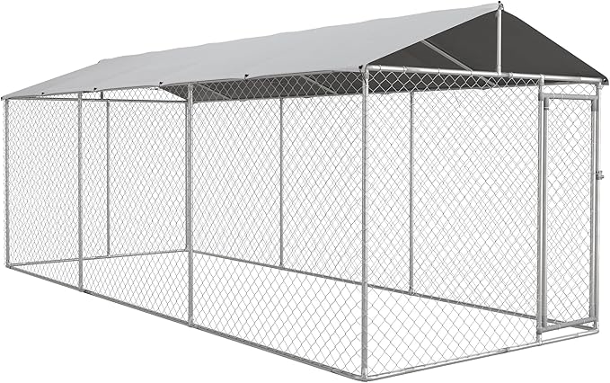 PawHut Outdoor Dog Kennel, Heavy Duty Dog Run Outdoor Fence with Waterproof Cover, Galvanized Chain Link, Secure Lock, for All Sized Breeds, Chickens, Ducks, 20' x 7.5' x 7.5'
