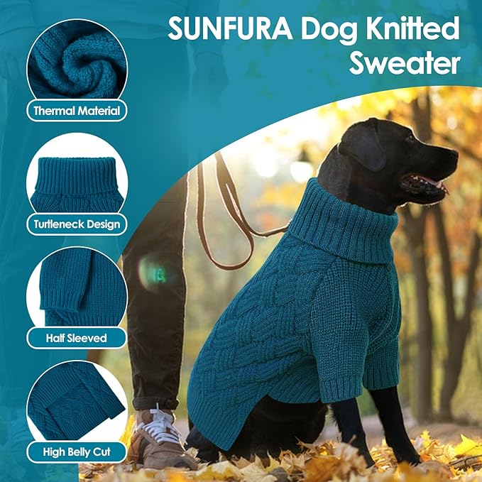 SUNFURA Dog Sweater, Medium Dog Sweaters Doggie Pullover for Fall Winter, Fleece Pet Christmas Sweaters for Holiday, Warm Turtleneck Knitwear for French Bulldog, Boston Terrier, Blue M