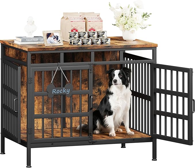 39 Inch Dog Crate Furniture, Heavy Duty Dog Kennel for Small Medium Large Dogs, Double Doors Indoor Decor Pet House Cage, Anti Escape Wooden Dog Cage with Name Tag End Table, TV Stand, Brown