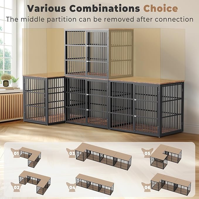 Lyromix 48'' Stackable Dog Crate Furniture Large Breed with Double Rooms,Wooden Dog Crate Heavy Duty Dog Kennel Indoor with Removable Divider for Small to Medium Dogs, Can Use Separately