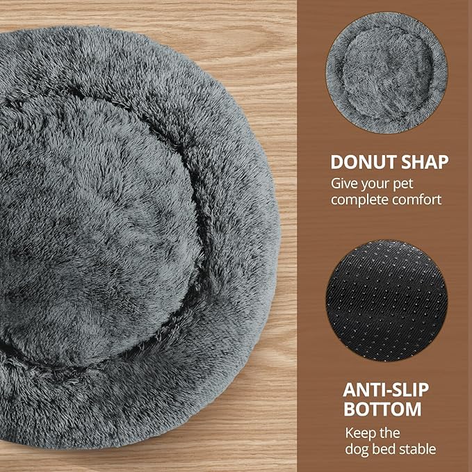 JOLLYVOGUE Small Dog & Cat Beds for Indoor Cats, Donut Cuddler Warming Soft Dog Beds with Anti-Slip Bottom, Round Calming Fluffy Plush Faux Fur Cushion Bed for Large Dogs (36")