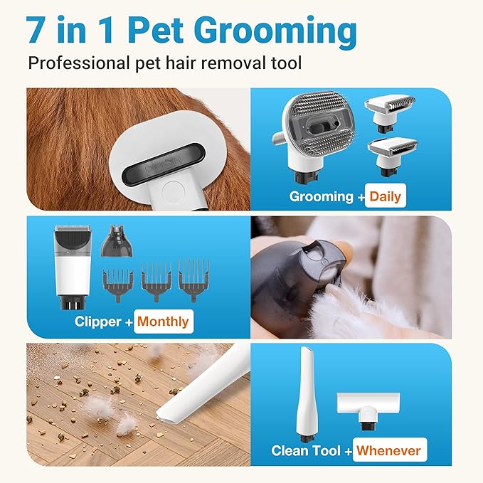 petaboo Cordless Dog Grooming Vacuum, Pet Grooming Kit with Clippers Nail Grinder,2.2L Dust Cup,Low Noise,Dog Vacuum for Shedding Grooming for Home Outdoor Car,7 in 1set