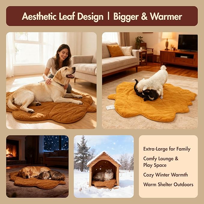 Extra Large Dog Heating Pad Waterproof Electric Heated Cat Beds for Indoor Outdoor, Adjustable Temperature,Washable Yellow Leaf Shaped Cat Heating Pad Non Slip Bottom(57"X47")
