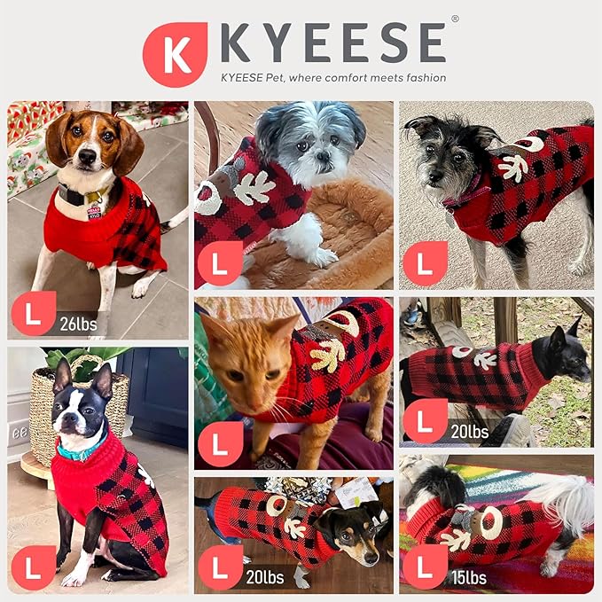 KYEESE Dog Christmas Sweater with Reindeer Pattern, Cozy Holiday Outfit, Turtleneck Dog Sweater for Small Dogs with Leash Hole, Red Buffalo Plaid Knitwear, Soft Warm Festival Dogs Clothes, Large