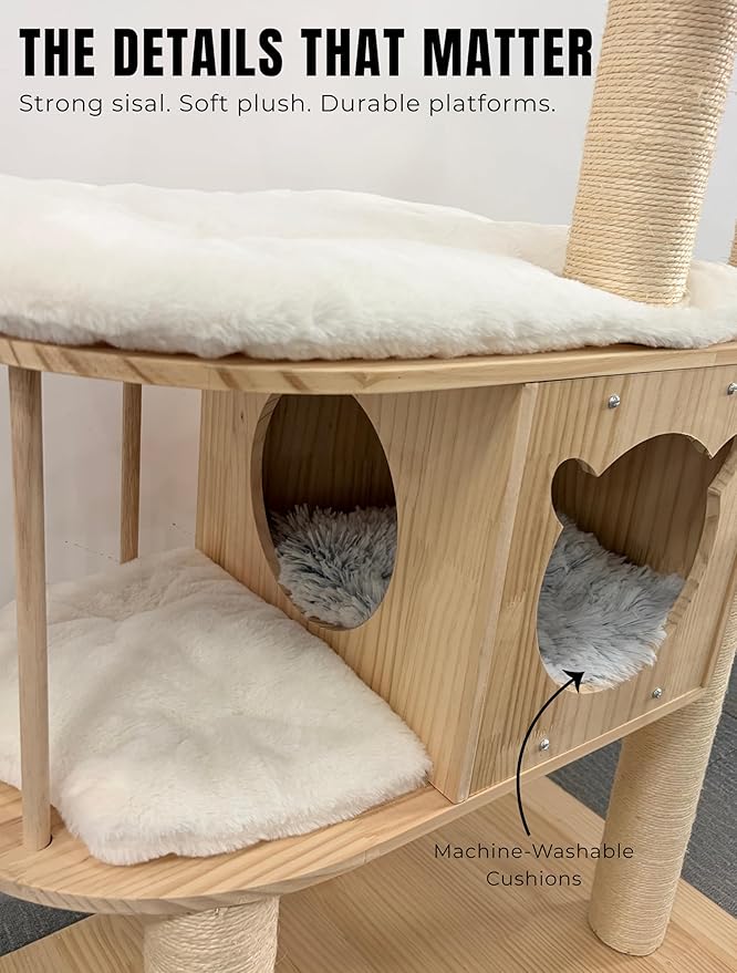 Multi-Level Pine Wood Cat Tree Tower for Indoor Large Cats – Solid Cat Condo House with Plush Beds - Sisal Scratching Posts – Sturdy Cat Furniture, 55", White