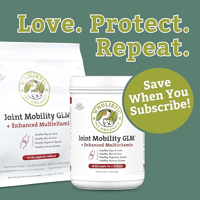 Wholistic Pet Organics Joint Mobility GLM - 1 Lb - Hip and Joint Supplement for Dogs - Glucosamine for Dogs - Chondroitin Supplement with Green Lipped Mussels - Senior to Puppy - Large & Small Breeds