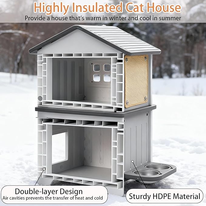 Rockever Outdoor Cat House with Insulated Liner, 100% Insulated Cat Houses for Winter Outside, 2 Story Waterproof Cat House For Outdoor Cats, Sturdy Stainless Steel Bowl & Scratching Post,Clean Easily