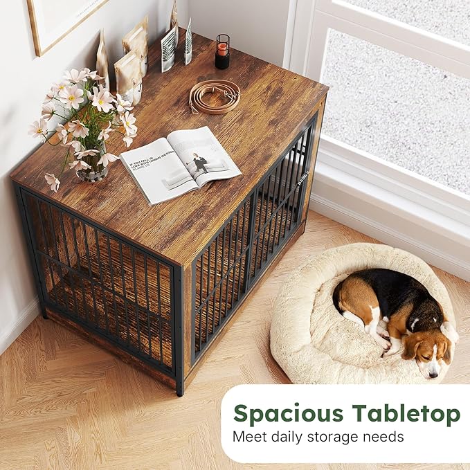 42 in Dog Crate, XL Dog Crate Furniture with 3 Doors, Wooden Dog Furniture Crate for Medium Dogs Large Breed, Heavy Duty Dogs Kennel End Table, Multiple Units Can be Combined or Stacked