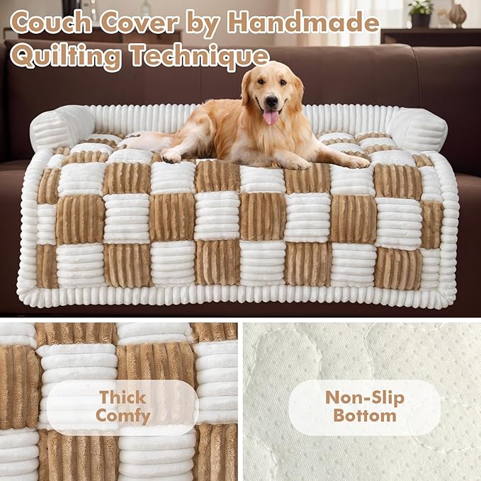 LiveGo Fuzzy Pet Couch Covers for Sofa, Dog Couch Cover Fuzzy Sofa Cover Cream Square Plaid Dog Bed Plush Dog Mat for Furniture Protector for Large Medium Dogs and Cats (Light Brown, 35.4"*35.4")