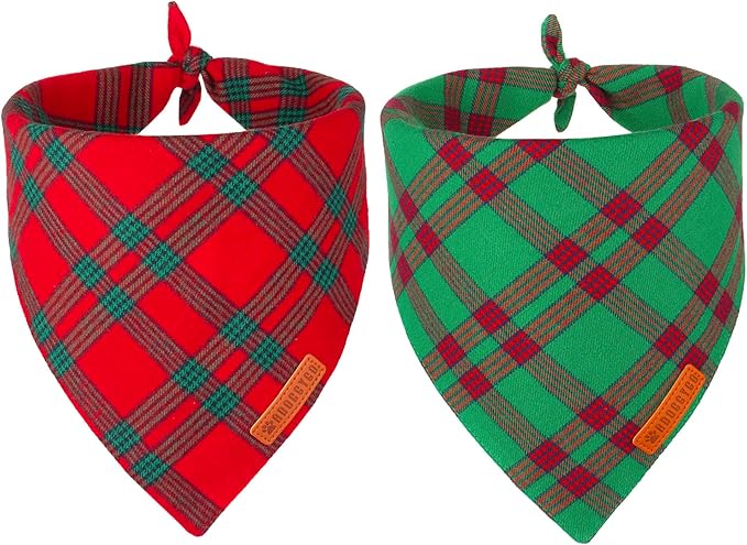 ADOGGYGO Christmas Dog Bandanas 2 Pack, Red Green Plaid Pet Xmas Scarf Bib, Multiple Sizes, Christmas Bandanas for Medium Large Dogs (Large)