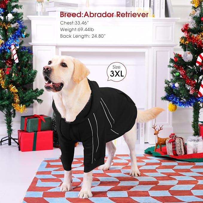 ASENKU Cozy Dog Hoodie，Soft Sweater with Adjustable Hood, Back Pocket and Leash Access Hole，Warm Reflective Sweatshirt for Cold Weather（Black，2XL