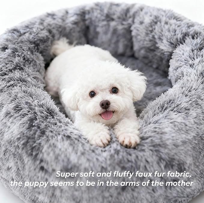Calming Dog Bed for Small Dogs, Anti-Anxiety Donut Small Puppy Bed Washable, Fluffy Plush Faux Fur Large Cat Bed, Fits up to 20 lbs Pets (Dark Grey, 23")