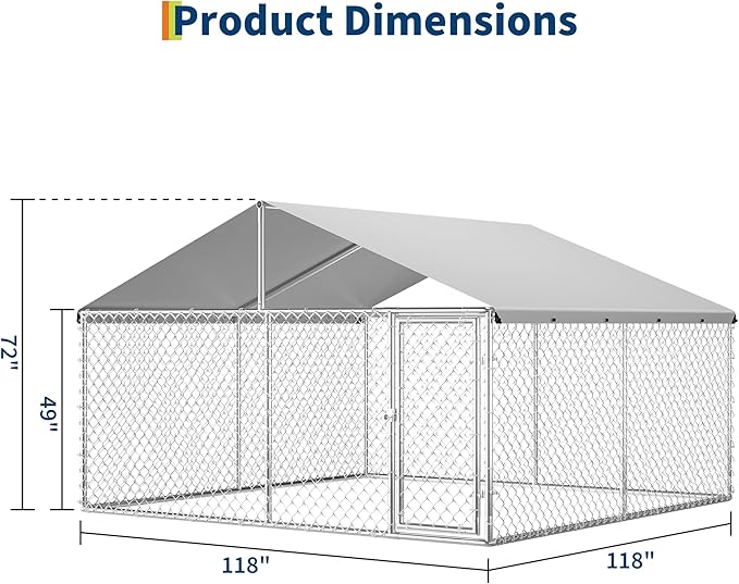 Outdoor Dog Kennel with Roof, Galvanized Dog Enclosure, with Waterproof & UV-Resistant Cover, Large Dog Kennel for Outside Backyard Farm Use, 10x10x6ft