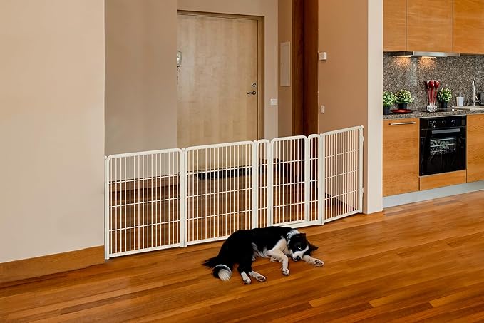 FXW Dog Gate Extra Wide Designed for Indoor Use, Adjustable Width Up to 111-inch Wide (32" H 4 Wire Panels for Small and Medium Dogs), White