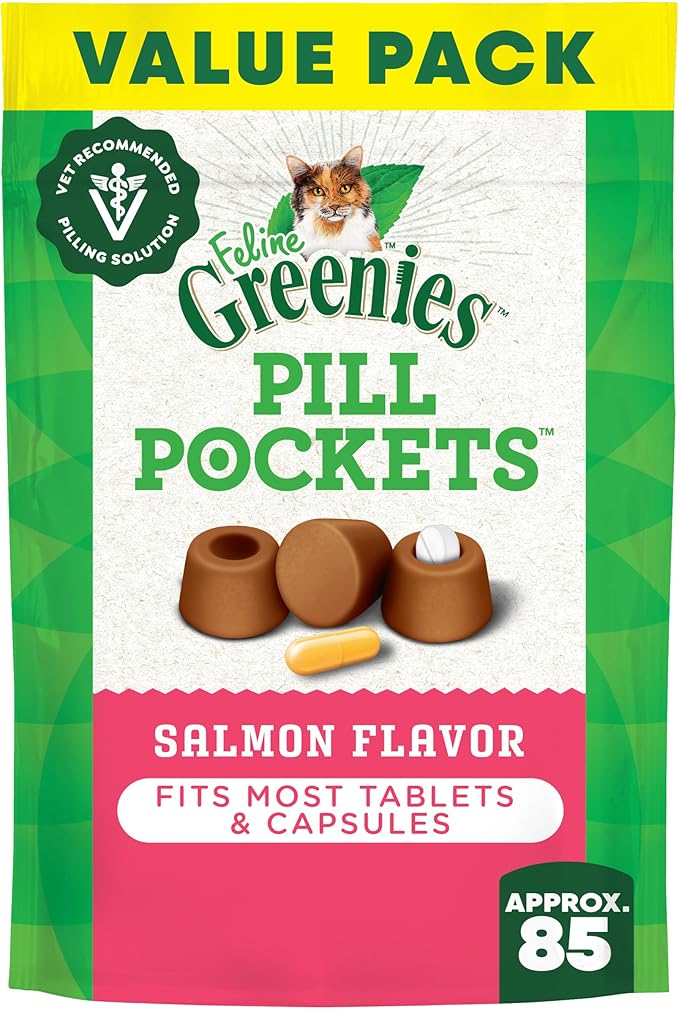 Greenies Feline Pill Pockets for Cats Soft Cat Treats, Salmon Flavor, 3 oz. Pouch, 85 Count