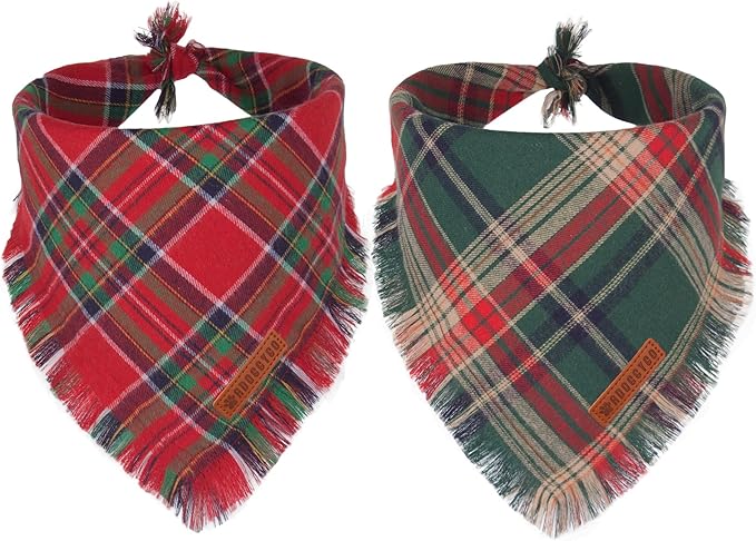 ADOGGYGO Christmas Dog Bandanas with Tassels Edges, Stylish Plaid Dog Christmas Scarf Bib, Multiple Sizes Offered, Plaid Bandanas for Large and Extra Large Dogs (X-Large)