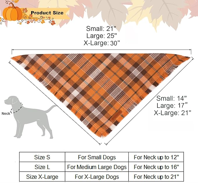 ADOGGYGO Fall Dog Bandana with Tassels Edges, Orange Red Plaid Pet Scarf Bib, Multiple Sizes Offered, Halloween Thanksgiving Fall Bandanas for Extra Large Dogs Pets (X-Large)