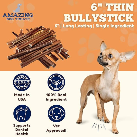 Amazing Dog Treats - Bully Sticks for Small Dogs (6 Inch Junior - 12 Count) - Premium Thin Bully Sticks for Dogs - Best Bully Stick Dog Chews - Bully Bones for Puppies and Small Breeds