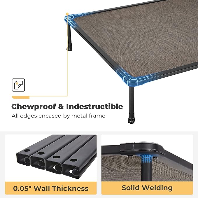 Veehoo Chewproof Elevated Dog Bed - Cooling Raised Pet Cot, Breathable Mesh, Washable & Non-Slip for Large Dogs, Indoor/Outdoor, Brown Mat and Black Frame, 49x33inches (Model CWC2203A03)