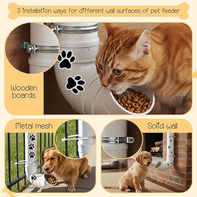 Gravity Dog Self Feeder with Puppy Paw Print Stickers 6 Pounds Large Capacity Hanging Pet Feeding Automatic Dispenser PVC Pipe Feeder for Cat Chicken Turkeys Indoor & Outdoor Use